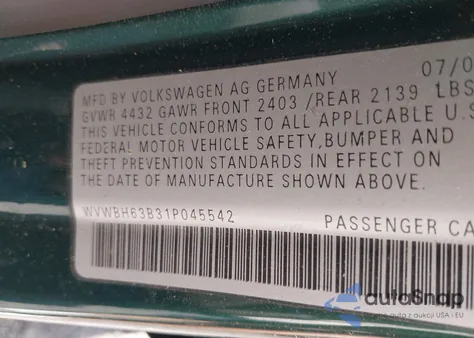 2001 Volkswagen Passat Glx from USA, damaged, VIN WVWBH63B31P045542